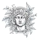 A tattoo of a composition about Greek sculpture art, with something about nature like branches. The word tattoo design idea