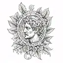 A tattoo of a composition about Greek sculpture art, with something about nature like branches. The word tattoo design idea