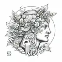 A tattoo of a composition about Greek sculpture art, with something about nature like branches. The word tattoo design idea