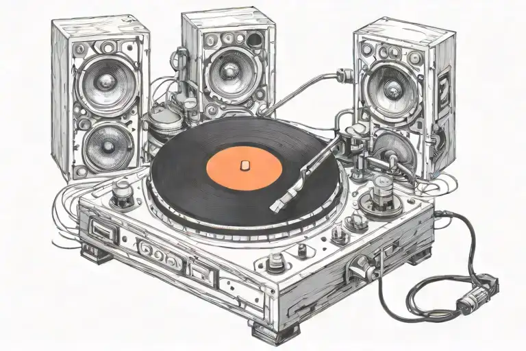 vinyl turntable with jaunty speakers blasting music tattoo design idea