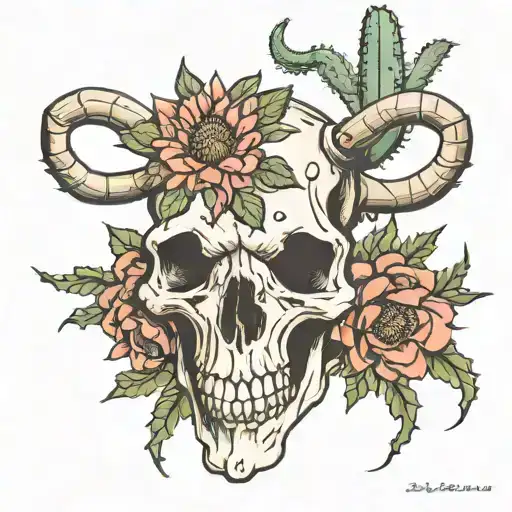 cattle skull cactus flowers  tattoo design idea