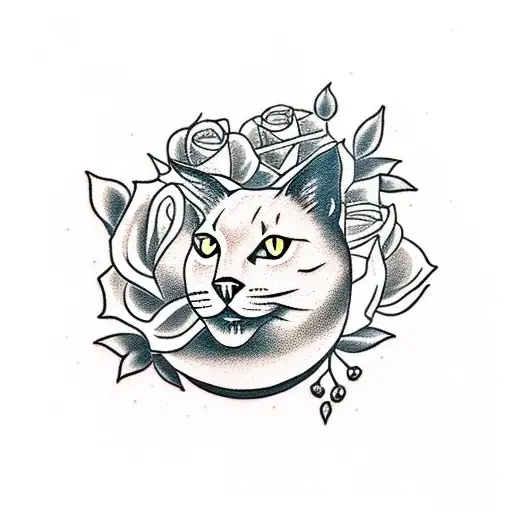 A tattoo of a black cat sitting on a bed of roses with a full moon in the background tattoo design idea