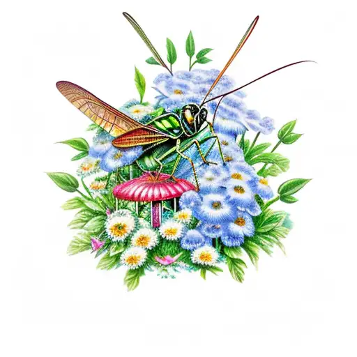 grasshopper sitting on vintage bird cage in a garden of flowers tattoo design idea