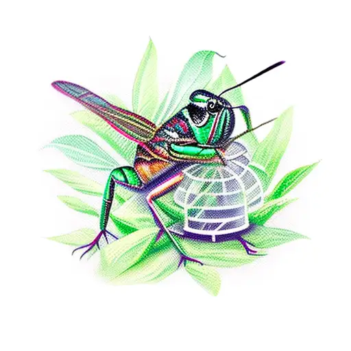 grasshopper sitting on bird cage tattoo design idea