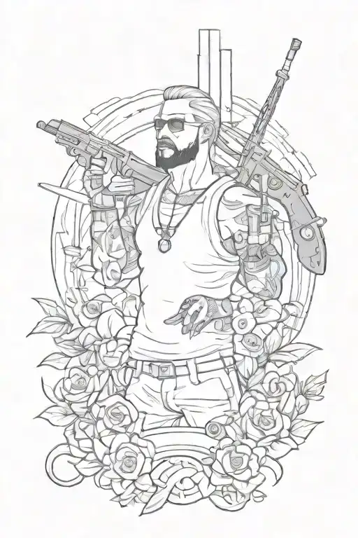 An intricate tattoo design inspired by GTA RP characters and scenes, incorporating elements of metal music and bodybuild tattoo design idea