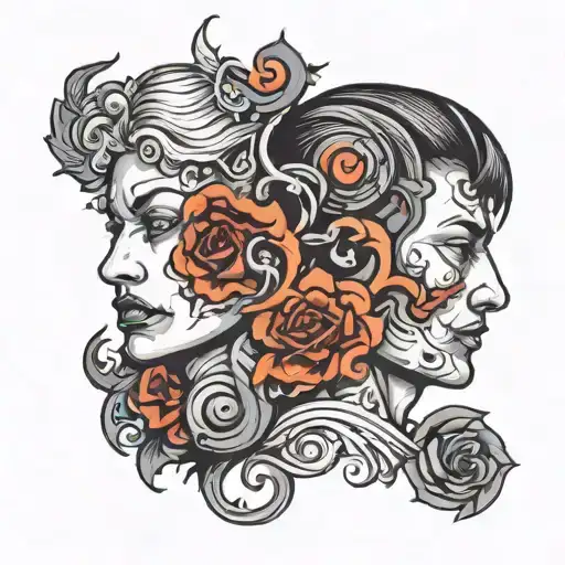 two faces looking eachother one evil one good tattoo design idea
