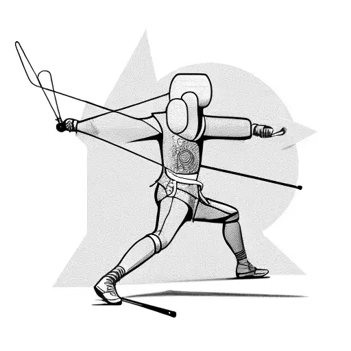 A minimalist outline of a fencer in action, focusing on the precision and skill of Olympic fencing tattoo design idea