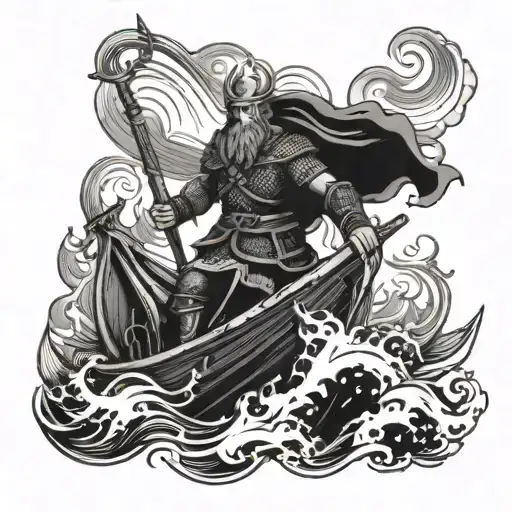Viking warrior sailing on a longship through stormy seas tattoo design idea