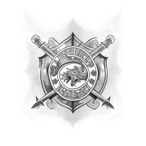 full arm sleeve with memorabilia from the fire service, and British army tattoo design idea