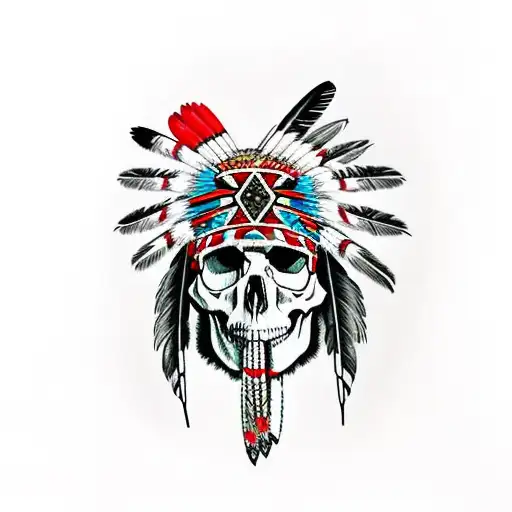 Native American headdress on a skull with lots of feathers tattoo design idea