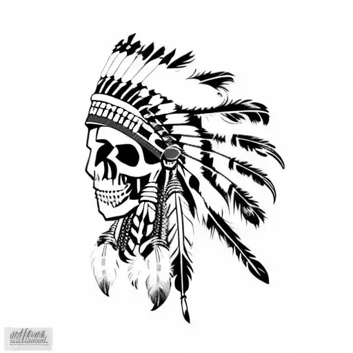 Native American headdress on a skull with lots of feathers tattoo design idea