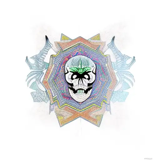 A tattoo design of a dinosaur skeleton with intricate geometric patterns tattoo design idea