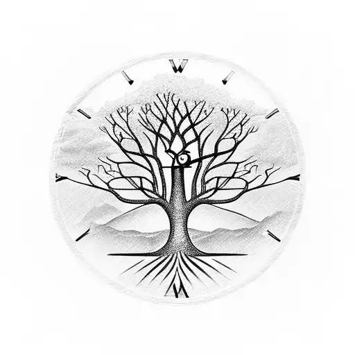 the tree of life with 3 branches and an analog retro clock on each branch tattoo design idea