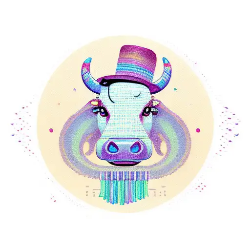 a humanoid cow with long blond curly hair in a straw hat plays a synthesizer tattoo design idea