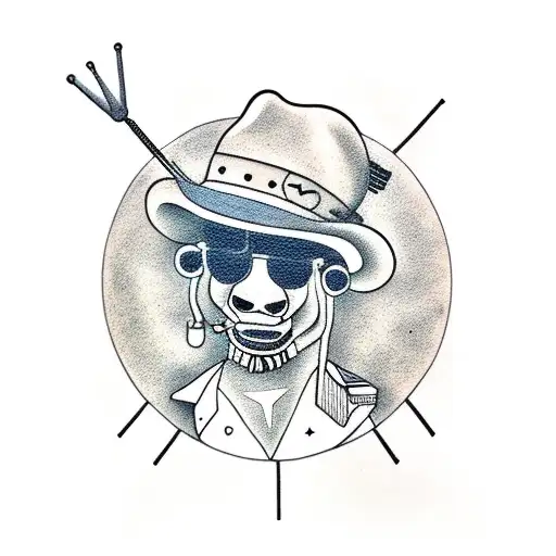 a humanoid cow in a straw hat plays a synthesizer tattoo design idea