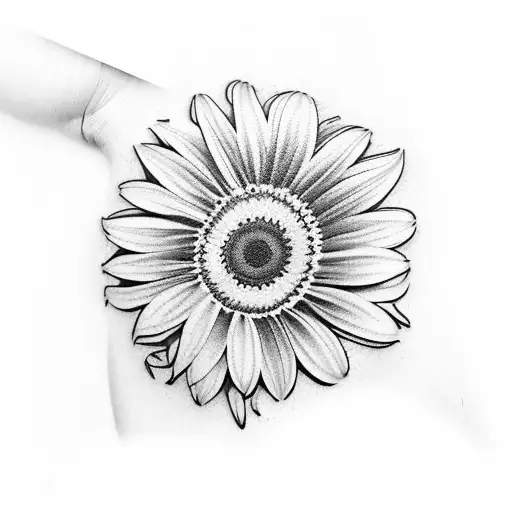 A sleeve tattoo featuring a mix of gerbera daisies, lilies, and poppies in a black-grey style tattoo design idea