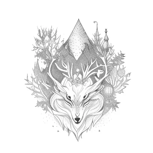 A mystical forest clearing with a mix of magical creatures like fairies and gnomes tattoo design idea
