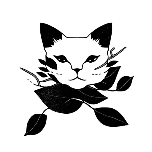 sakura branch with emerald leaves and a white cat with blue and gold eyes tattoo design idea