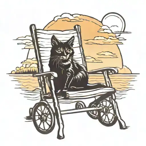 A silhouette of a cat watching the sunset from a beach chair tattoo design idea