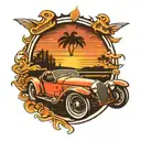 A sleek sports car racing into a vibrant sunset tattoo design idea