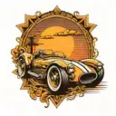 A sleek sports car racing into a vibrant sunset tattoo design idea