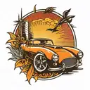 A sleek sports car racing into a vibrant sunset tattoo design idea