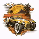 A sleek sports car racing into a vibrant sunset tattoo design idea