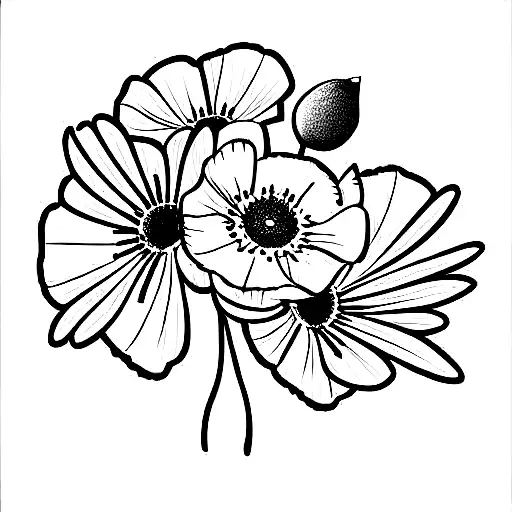 poppy, honeysuckle, aster bouquet  tattoo design idea