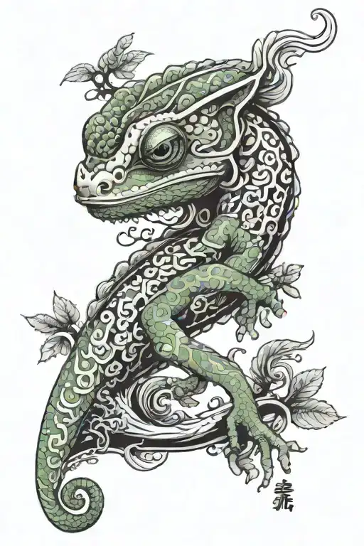 Chameleon with a brain as a body tattoo design idea