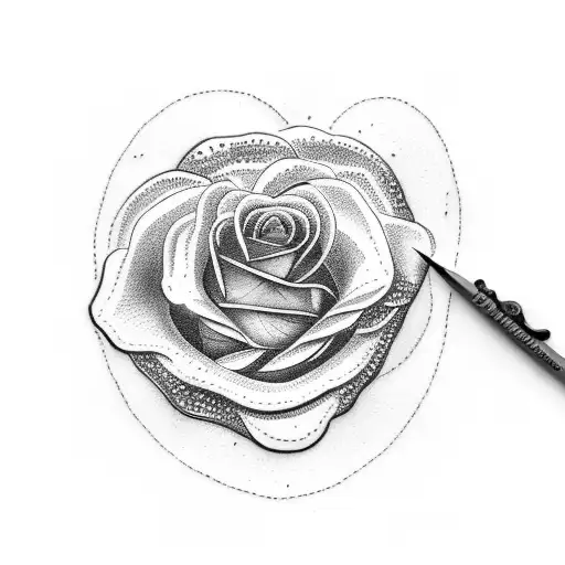 A dotwork tattoo of a rose with a subtle silhouette of 'Bela e a Fera' reflected in the mirror held by a hand tattoo design idea