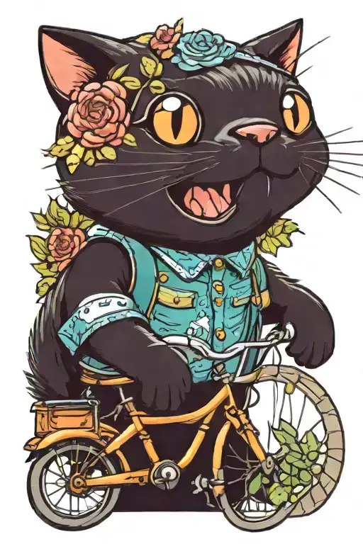 a cute cat riding a bicycle in nature tattoo design idea