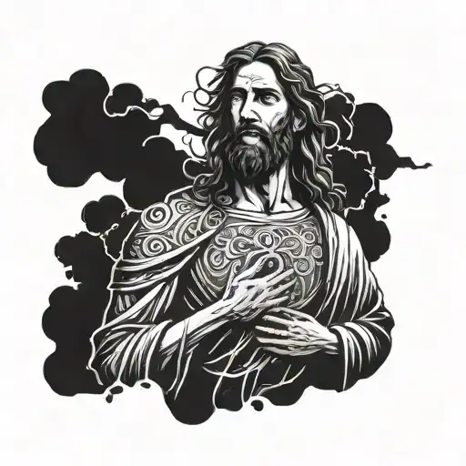 A powerful image of Jesus Christ standing strong in the midst of a storm, symbolizing protection and strength tattoo design idea
