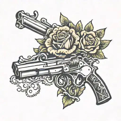 Valentine script with broken heart above western theme pistols traditional flowers tattoo design idea
