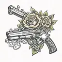 Valentine script with broken heart above western theme pistols traditional flowers tattoo design idea
