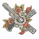 Valentine script with broken heart above western theme pistols traditional flowers tattoo design idea