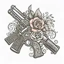 Valentine script with broken heart above western theme pistols traditional flowers tattoo design idea