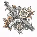 Valentine script with broken heart above western theme pistols traditional flowers tattoo design idea