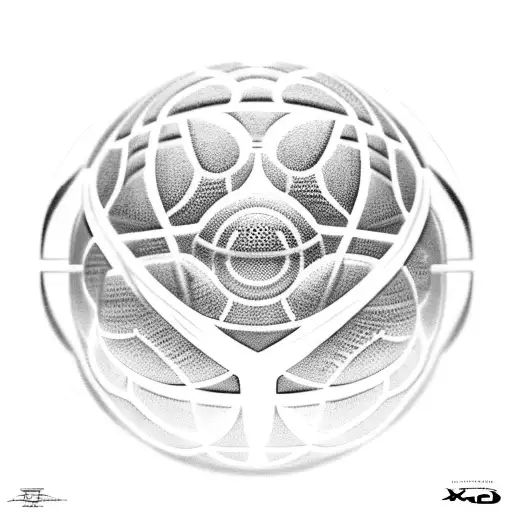 A basketball transformed into a robotic orb, with coding symbols etched onto its surface tattoo design idea