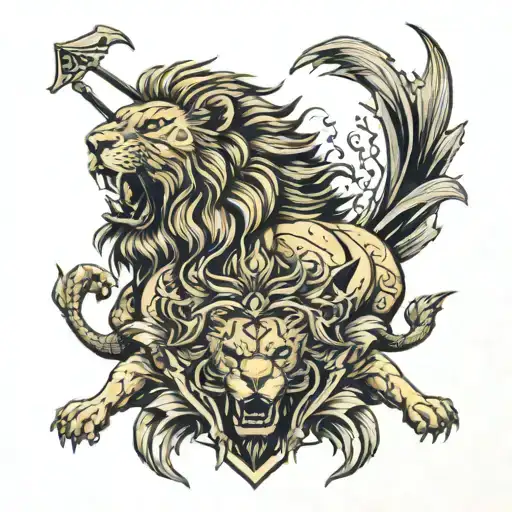 Lion roaring as he protects his wife, son, and daughter from a hail of arrows tattoo design idea