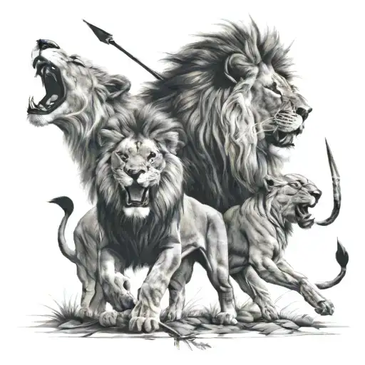 lion roaring with his wife, son, and daughter underneath him as he protects them from arrows being shot tattoo design idea