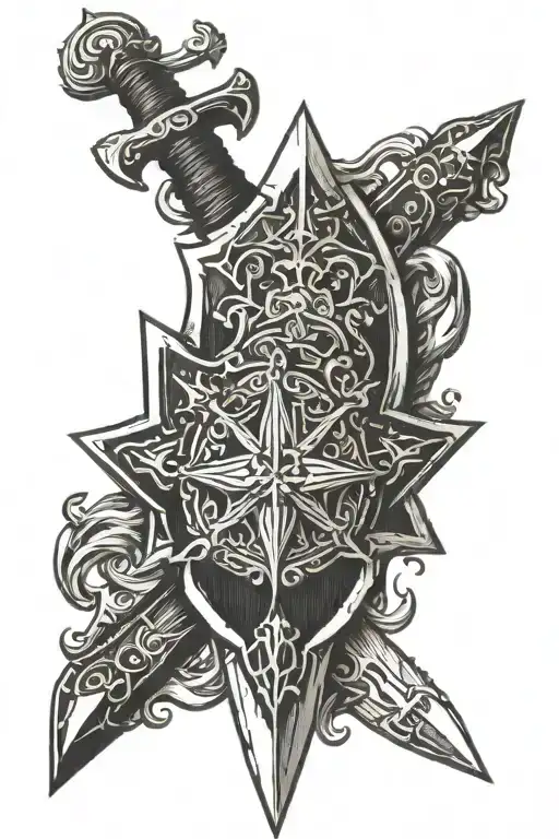 sword and kolovrat with a shield in a rhombus tattoo design idea
