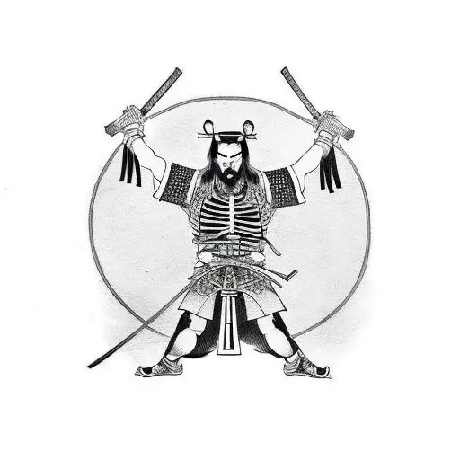 samurai standing holding a sword with two hands down his chest with skeleton wings tattoo design idea