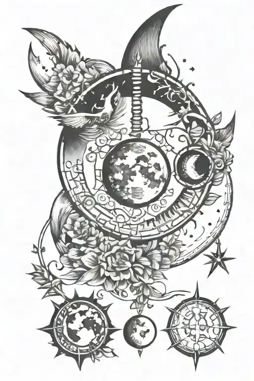 spine tattoo with waning moon, first quarter moon, waxing gibbous moon and full moon, with a circle in the middle tattoo design idea