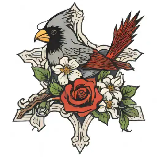 cross with flowers and a cardinal bird tattoo design idea