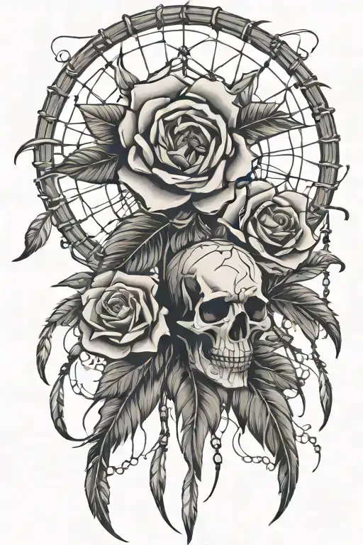 roses and skulls traditional Native American dream catcher  tattoo design idea