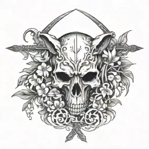 Wolf Skull impaled on a sword surrounded with snowdrops tattoo design idea
