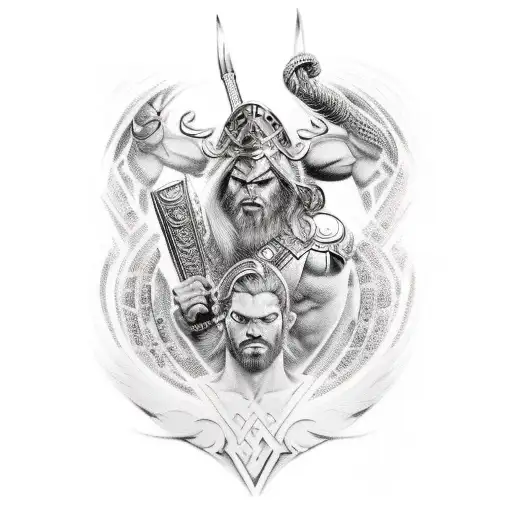 greek and norse gods fighting tattoo design idea