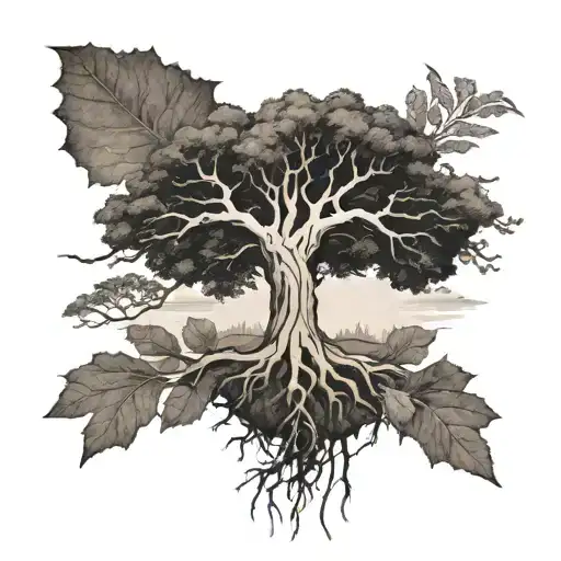 ogham writing poetry oak tree with roots tattoo design idea