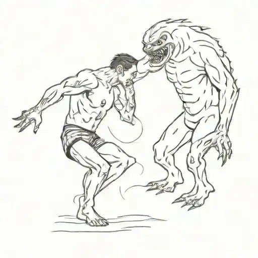 a person fights against a monster. the person has some monster characteristics   tattoo design idea