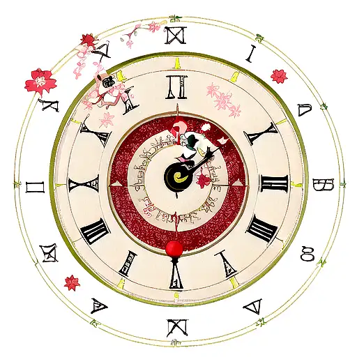 Clock with roman numerals, falling cherry Blossoms, crescent moon, Japanese kanji for "love", stars tattoo design idea